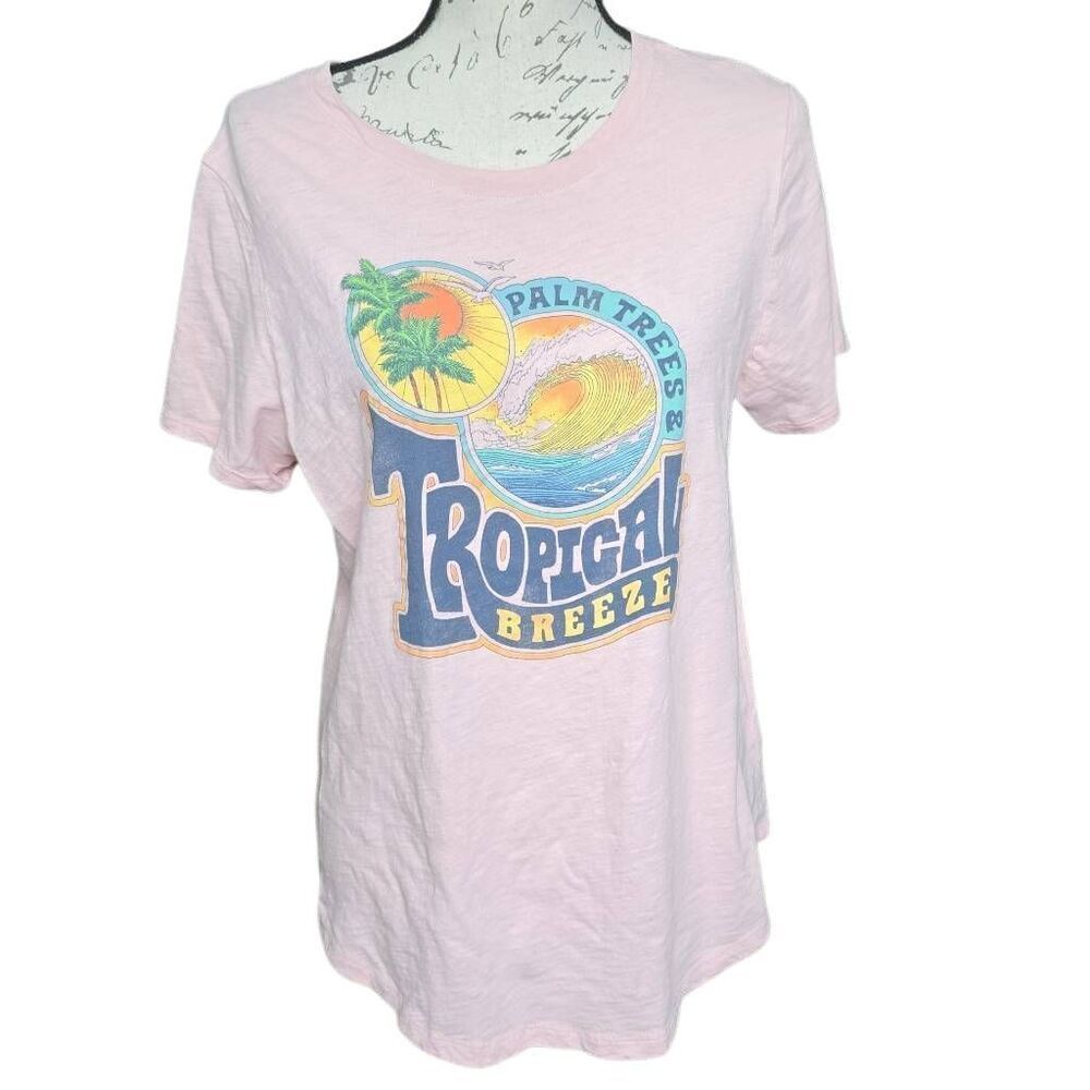 Old Navy Women’s Size Large Pink Palm Tree & Tropical Breeze Short Sleeve Shirt